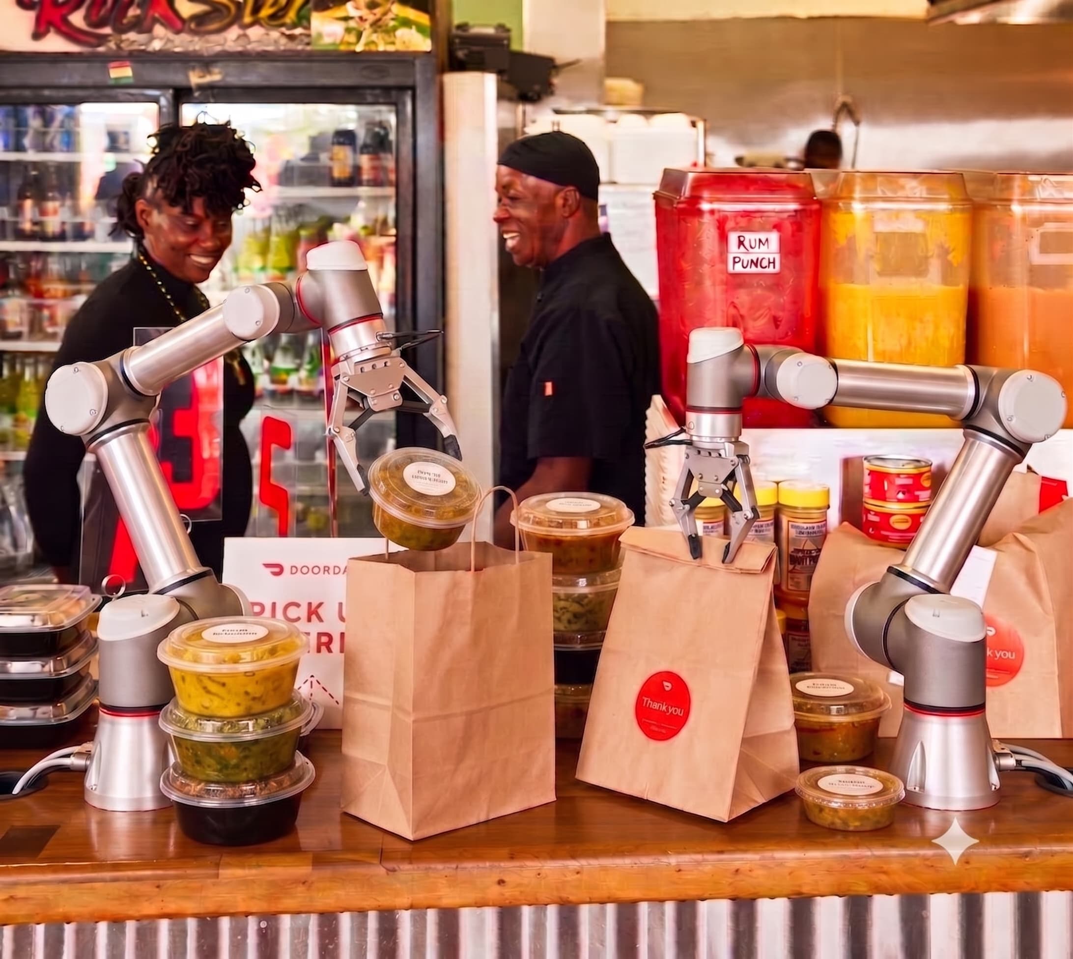 A robotic arm handling food items on a production line